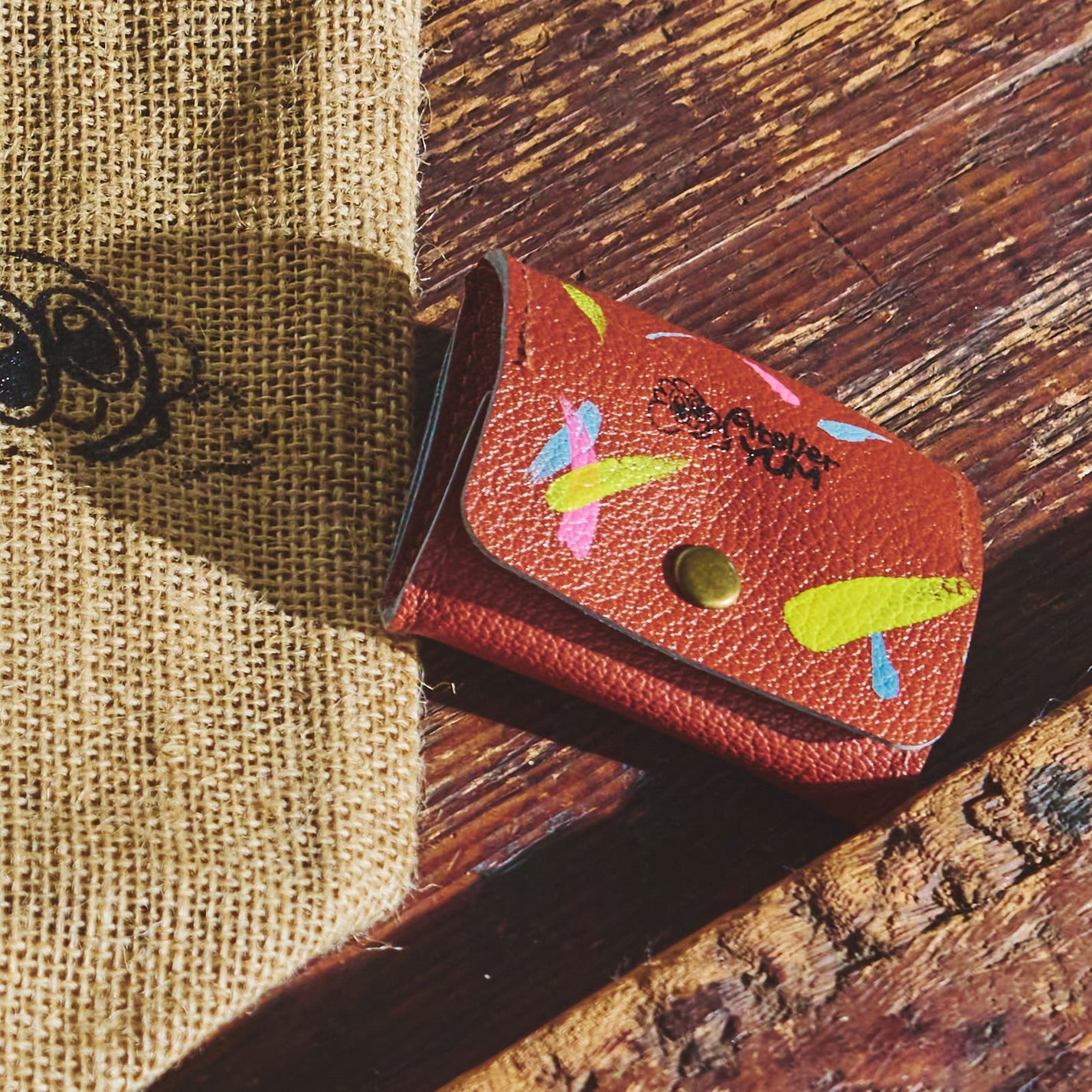 100% Recycled PVC Leather Coin Purse Hand Painted - Brown  #tag1# #tag2# #tag3# #tag4#