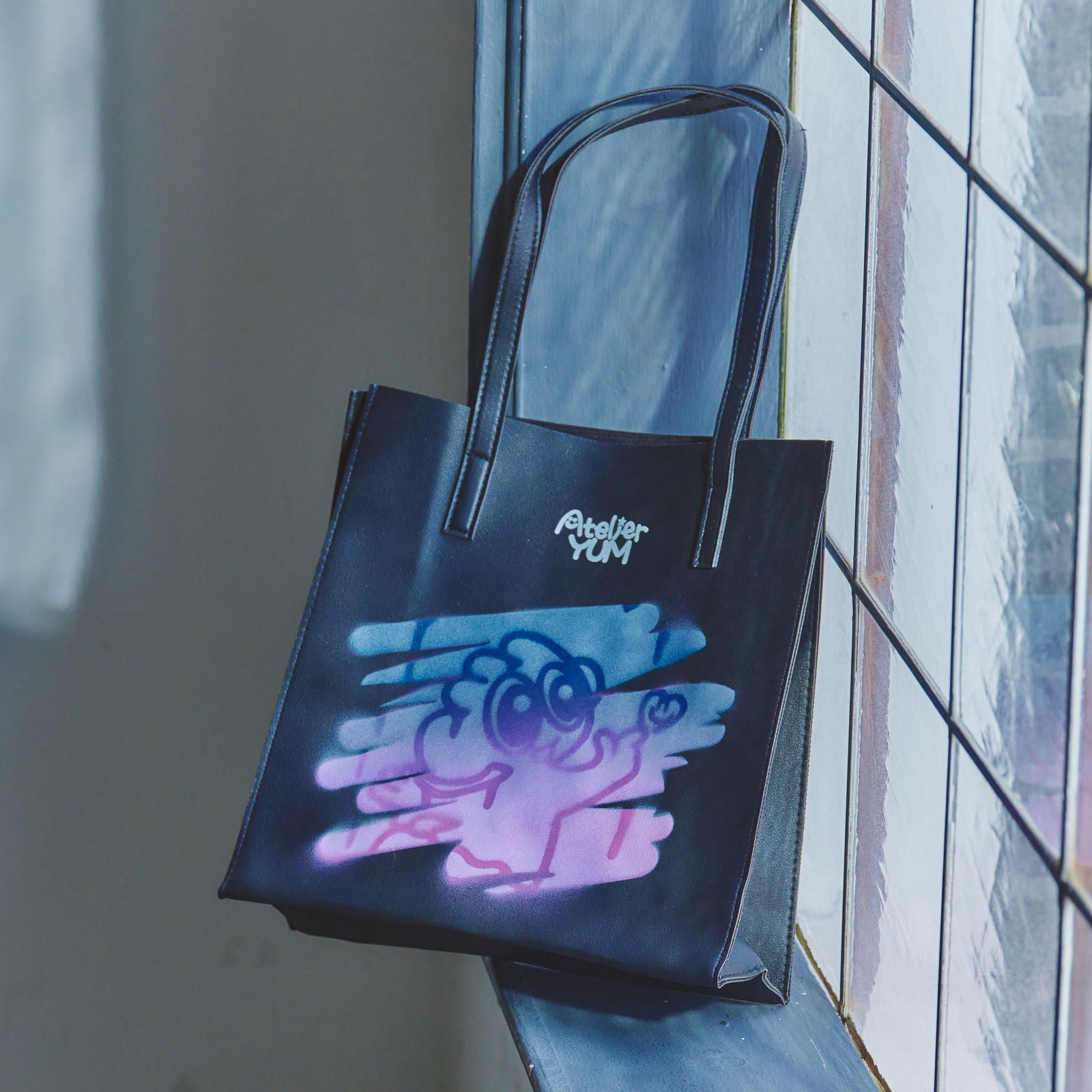 PVC Leather Tote Bag Black Stencil Spray Art AtelierYUM Atelier Yum